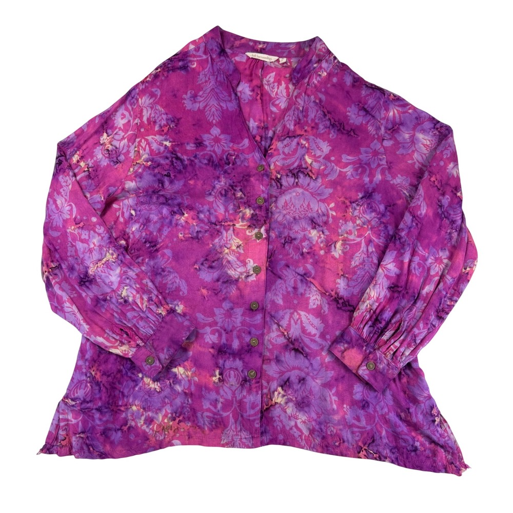 Soft Surroundings Purple Tie Dye Damask Blouse Women's PL Rayon Button Front Top